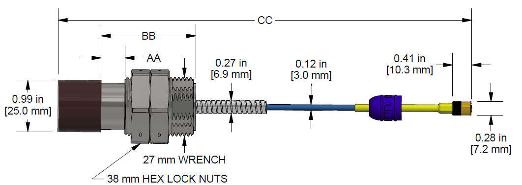 A dimension drawing of a Standard Mount CTC PRO Line Hazardous-Area Approved DP1008 with Armor proximity probe.